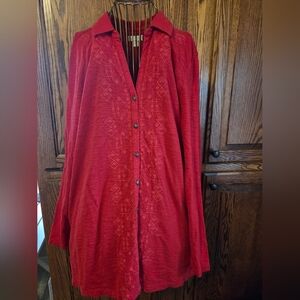 J Jill Red Button-Up Tunic with Embroidered Details - Size Large